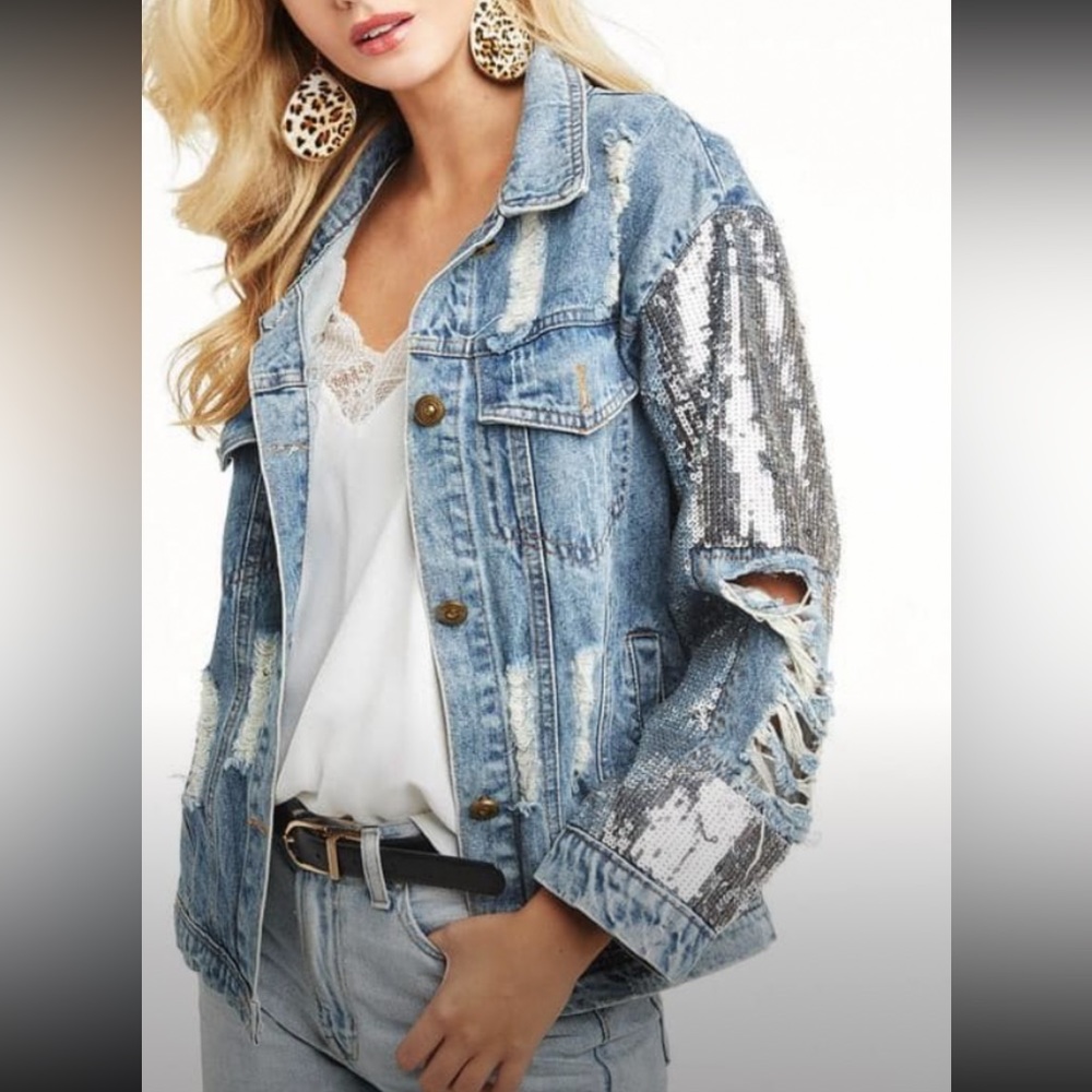 Denim and Sequins Distressed Jacket